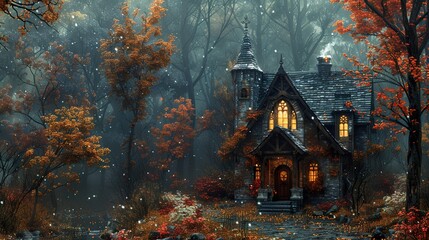 Enchanted Cottage in a Misty Autumn Forest