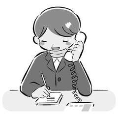 電話に出るスーツを着た女性の手描きイラスト