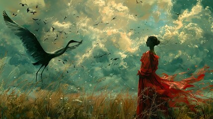 Woman in Red Dress with Flying Crane and Clouds - Surreal Art