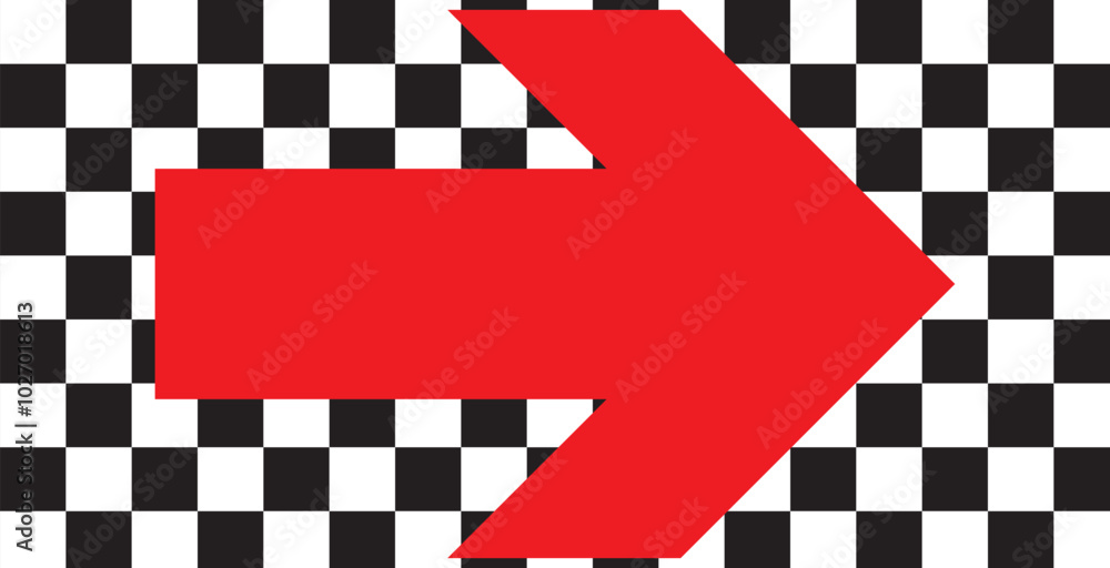Poster red large forward or left pointing solid long arrow icon sketched as vector symbol