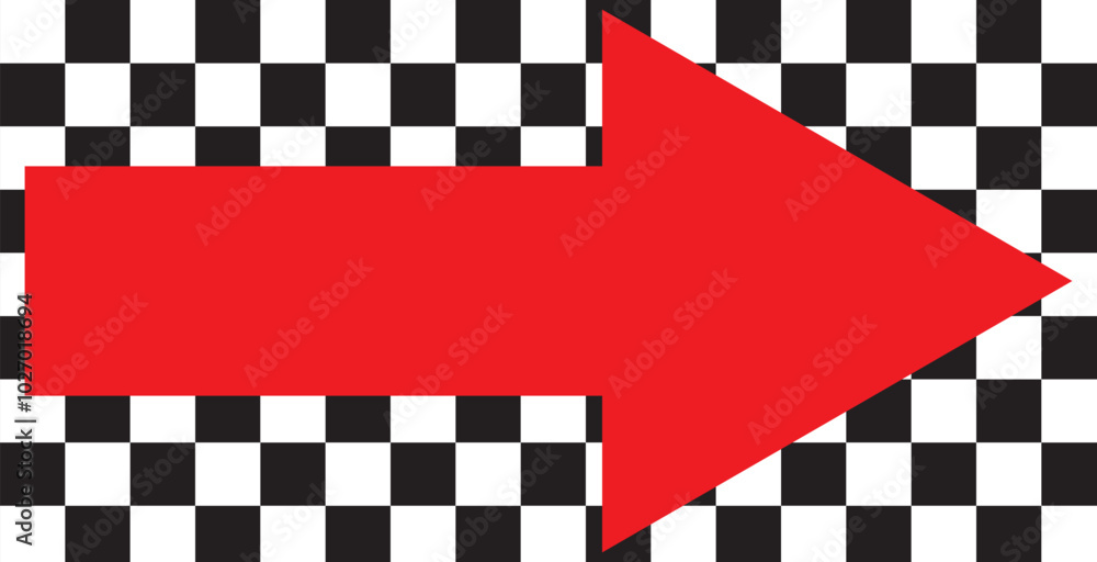 Poster red large forward or left pointing solid long arrow icon sketched as vector symbol