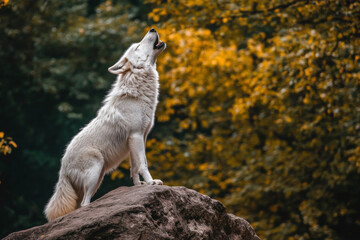 Fototapeta premium A lone wolf howls atop a rock against a backdrop of autumn foliage