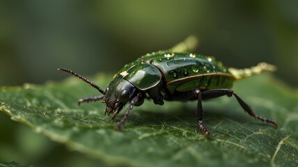 Naklejka premium A close-up of a green beetle with water droplets on its back, perched on a green leaf. (1)