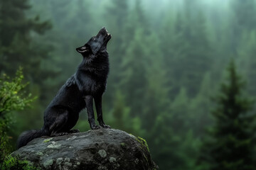 Naklejka premium A black wolf howling on a rock in a misty forest during early morning