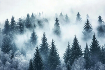 Dense pine forest shrouded in mist during early morning hours in winter