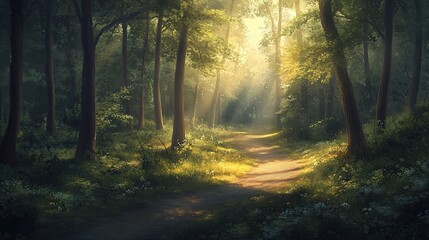 Naklejka premium Serene Forest Path with Sunlight Filtering Through Trees