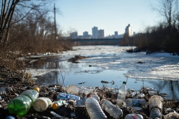 A polluted river filled with plastic bottles and trash