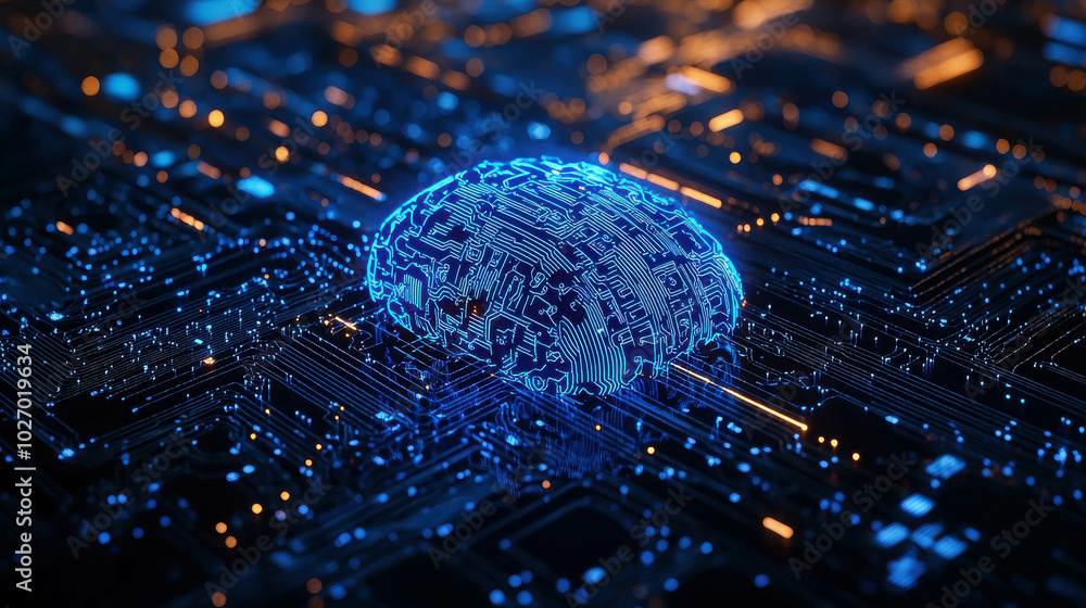 Poster digital brainpower: a mesmerizing abstract rendering of a blue glowing sphere, resembling a brain, n