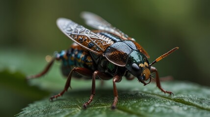 Naklejka premium A close-up of a brightly colored beetle with iridescent green, brown, and orange markings, perched on a green leaf.