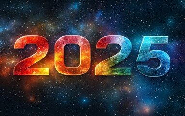 A vibrant, cosmic-themed representation of the year 2025, emphasizing a futuristic and colorful design.