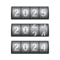 Set of calendar with years - 2024, 2025. Flip board countdown timer with years number. Happy New Year 2024 concept. Realistic years scoreboard, timer template concept.