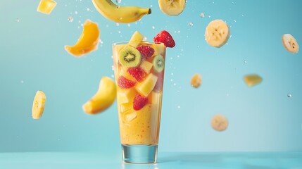 A glass of fruity smoothie with floating fruit slices above a light blue background