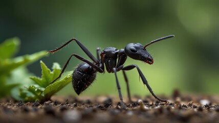 Fototapeta premium A black ant stands on the ground with its legs spread out and its antennae raised. The ant is in focus, while the background is blurred.