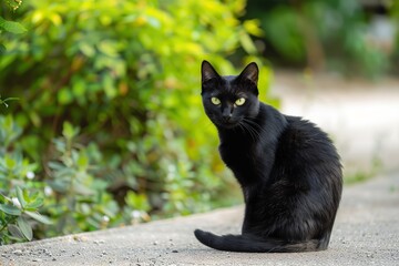 Black cat relaxing outside and observing the camera copy area, Generative AI.