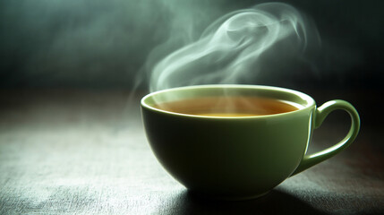 Fototapeta premium Hot cup of green tea with steam rising softly