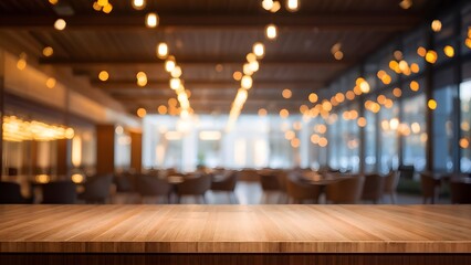 The wood table top on a blurred interior background	

