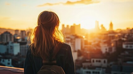 Woman Enjoying Solo Trip at City Skyline Sunrise