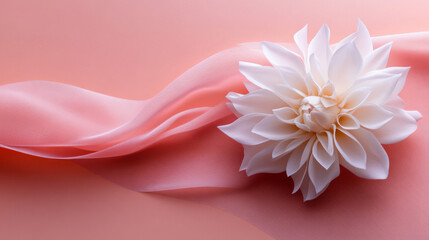 Elegant white flower on soft pink fabric with delicate draping at daytime