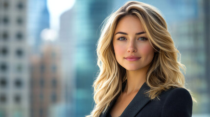 Fototapeta premium Young woman with blond hair poses confidently in urban setting during daytime