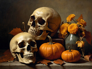 flowers pumpkin and bones