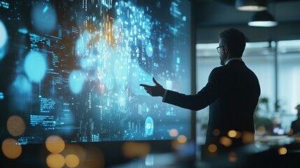 Professional businessman analyzing and presenting data on a large futuristic digital display in a modern office setting.
