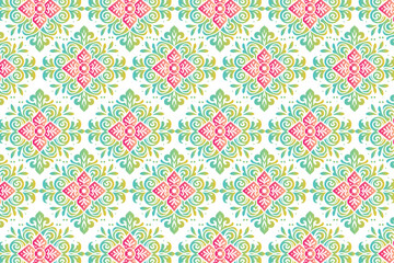 Abstract All Over Floral and Geometric Seamless Pattern for Textile and Fabric Design with Colourful Blossoms and Vintage Ornamental Details