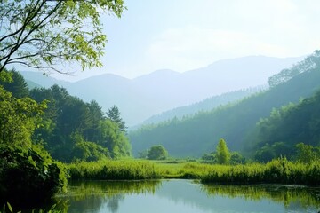 Misty mountains reflect in a tranquil lake, embraced by lush greenery.
