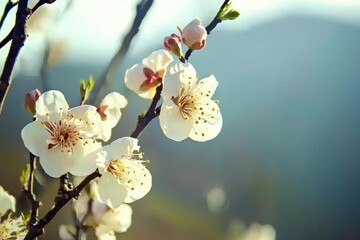 Delicate white blossoms bloom on a branch against a serene mountain backdrop at dawn