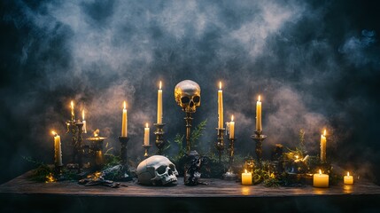Occult Ritual Setup with Candles, Skulls, and Ceremonial Dagger on Wooden Table with Mysterious Smoke