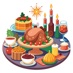 Fototapeta premium A colorful set of food and drink icons featuring cakes, coffee, desserts, sandwiches, and more in a fun, cartoon style