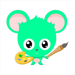 Cute green mouse holding paint palette and paint brush in cartoon style