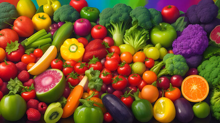 Vibrant display of organic fruits, Colorful natural vegetables and fruits vegan fresh healthy food in rainbow colors background.