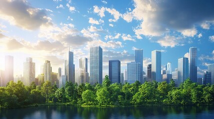 Urban Skyline with Lush Greenery and Blue Sky