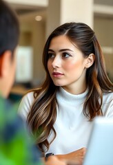 Focused Young Woman in Discussion at Work