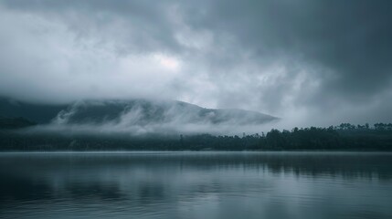 Obraz premium eerie lake backdrop and wallpaper featuring a foggy lake, cloudy sky, and dark surroundings in the morning, Generative AI.