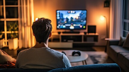 Person Enjoying Evening Gaming in Modern Living Room