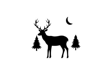 Deer with forest in moon silhouette | vector silhouette illustration on white background