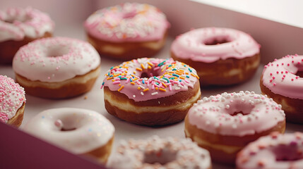 Fototapeta premium Delight in delicious box of donuts topped with colorful sprinkles and icing, perfect for any sweet tooth craving. These treats are sure to bring joy!