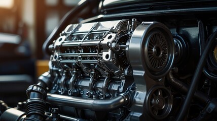 Fototapeta premium Close-up view of a shiny, powerful car engine with intricate details.