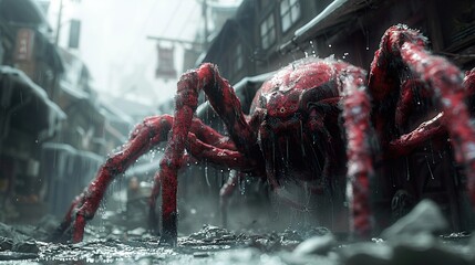 Giant Red Spider in a Rainy City