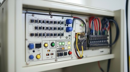 Industrial control panel with buttons, switches, and wiring in modern electrical cabinet