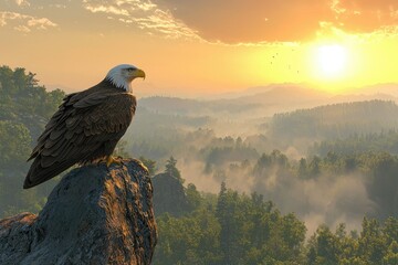 Fototapeta premium Majestic Eagle Perched on Cliff at Sunrise