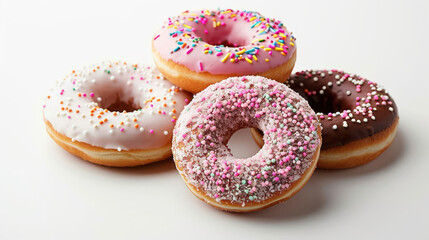 Delight in this delicious selection of donuts featuring pink, white, and chocolate icing, adorned with colorful sprinkles that add festive touch