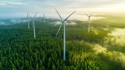 Aerial view of wind turbines in a forest with morning mist.