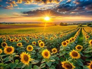 Fototapeta premium Stunning Aerial Photography of Sunflowers at Golden Hour for Nature Enthusiasts