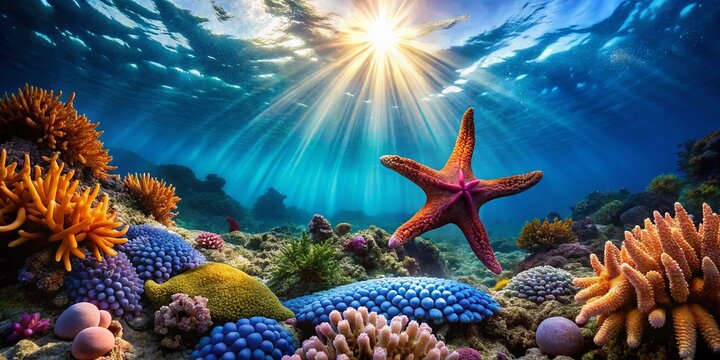 Stunning Aerial Photography of Underwater Scene with Granulated Sea Star Choriaster Granulatus in Vibrant Coral Reefs
