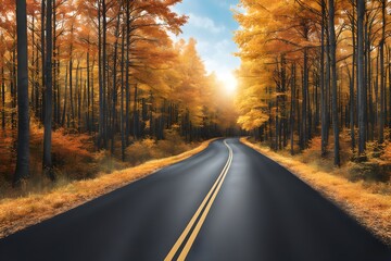 the asphalt road through the autumn forest 
