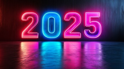Neon-lit numbers "2025" on a reflective surface, symbolizing a futuristic theme or celebration.