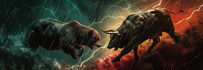 A fierce confrontation between a bull and a bear, symbolizing market volatility, set against a dramatic stormy backdrop with lightning and rain.
