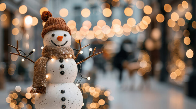 cheerful snowman adorned with cozy hat and scarf stands amidst festive atmosphere filled with glowing lights. scene captures joy of holiday season